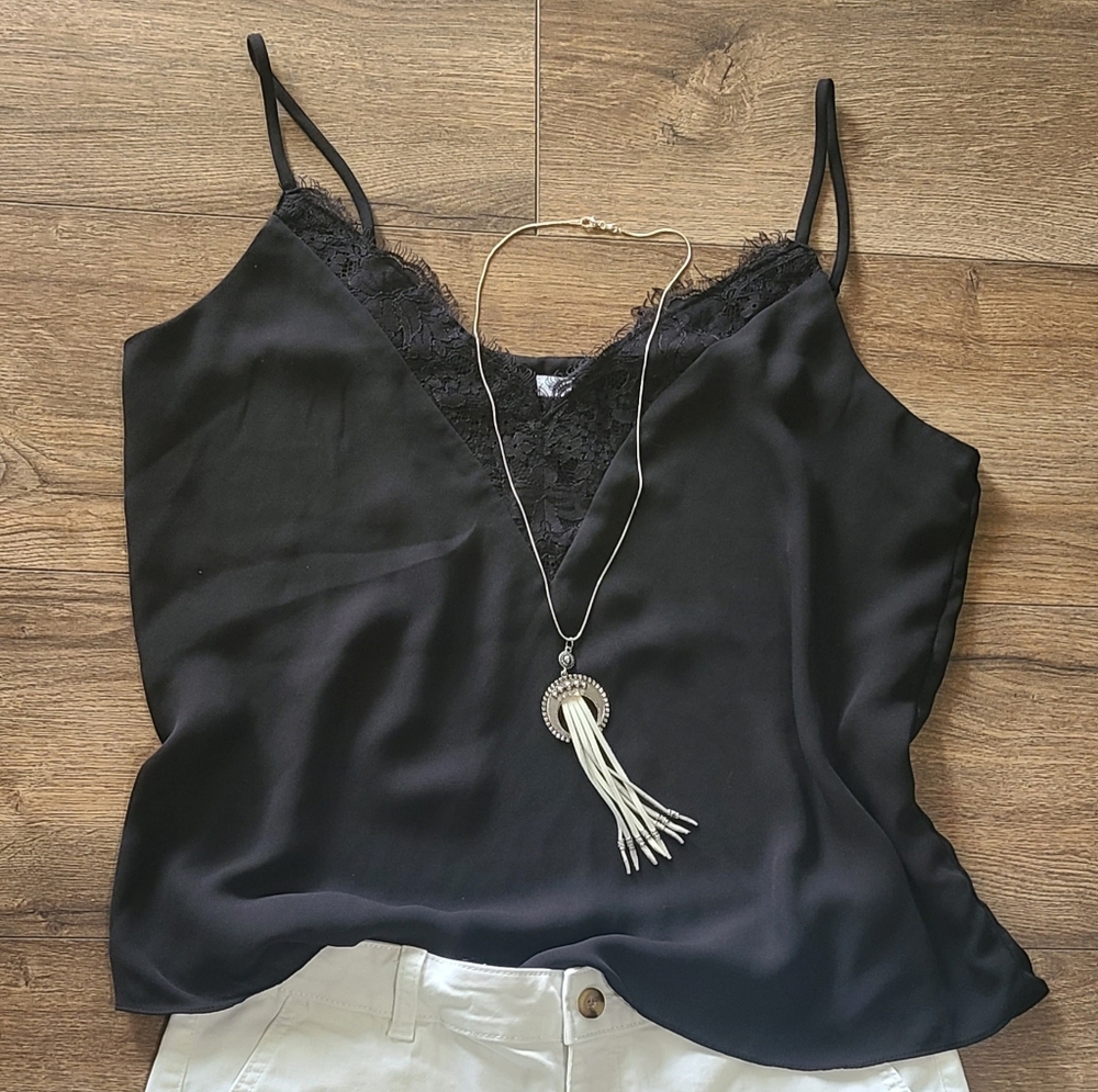 Lightly Worn! SOCIALITE - Black Silky Lace Embellished Tank - Size XL